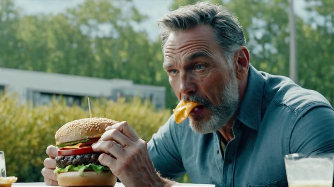 Daddy eating a burger
