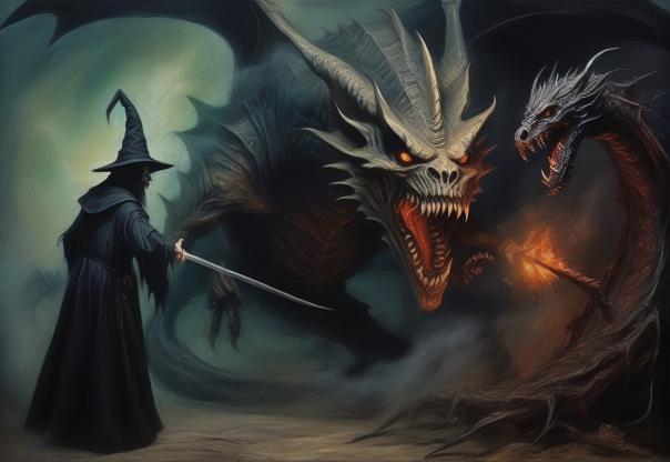 A wizard fighting a dragon.