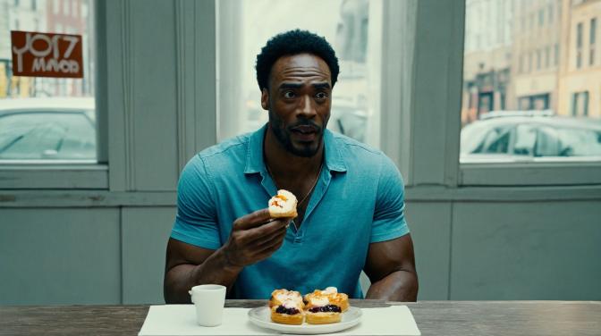 Ivan Valentine as a black guy eating pastries.