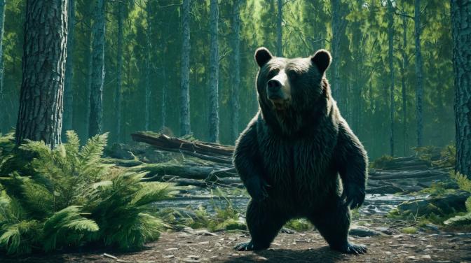 A bear pooping in the woods.