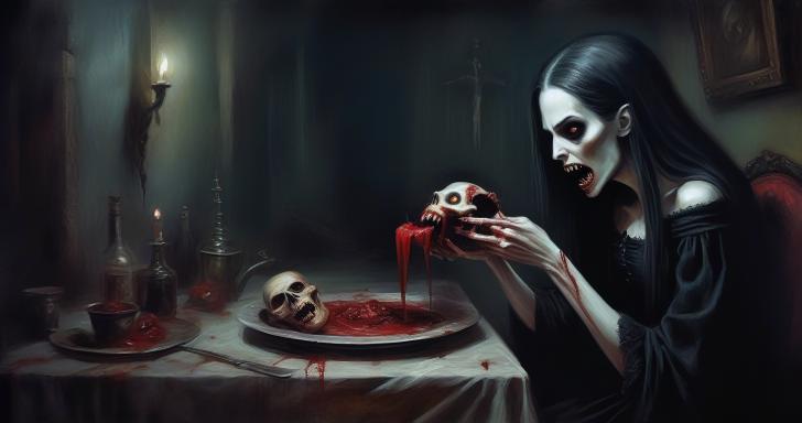 A teenage vampire female feeding on a mortal.
