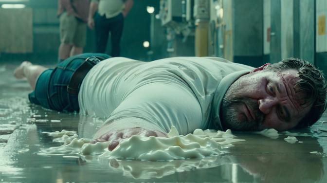 A huge fat guy lying face down on the floor in a puddle of milk.