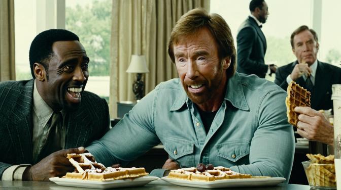 Chuck Norris eating waffles with P. Diddy.