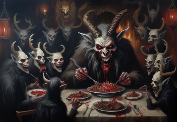 Krampus eating reindeers and