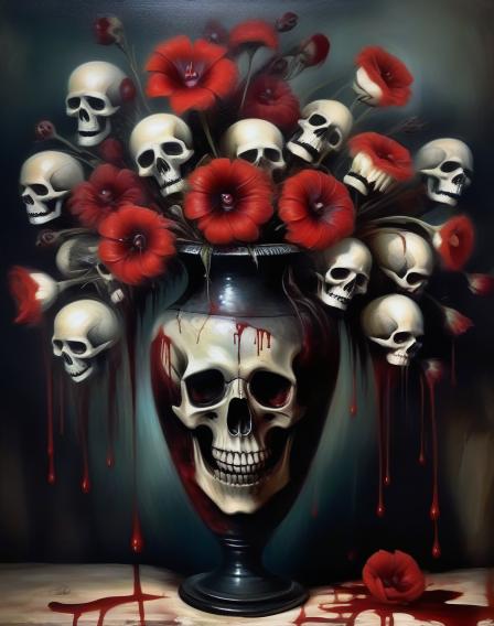 Create image of a flower in a vase, surrounded by skulls at the base of the vase, and blood pouring out of the petals.