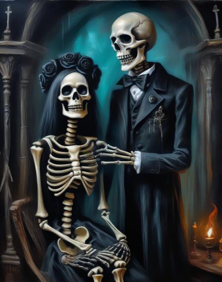 A pimp skeleton with a whore skeleton.