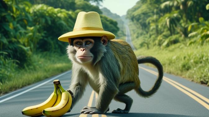 Monkeys wearing bananas while traveling down a country road, upon a cat they came, whose hat was made of a toad.
