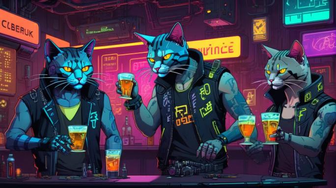 Cats drinking alcohol and dancing.