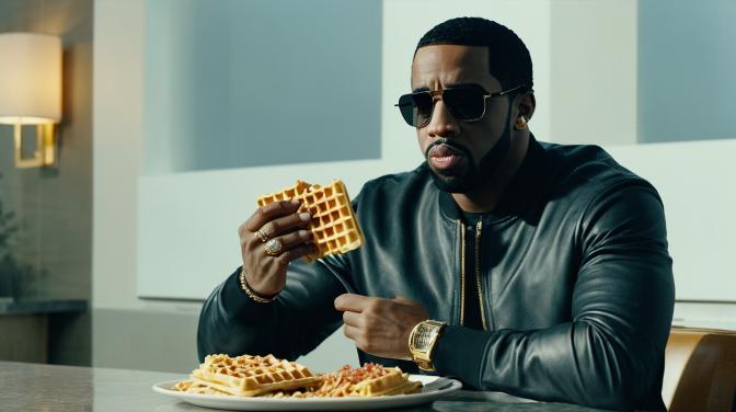 P. Diddy eating waffles with Drake, spaghetti, and bacon.