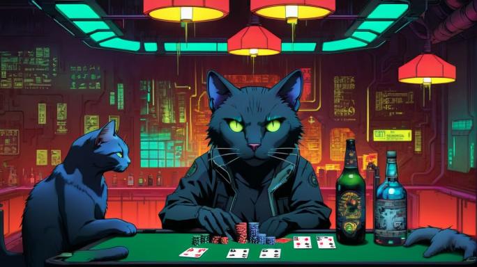 Cats are drinking alcohol and play poker.