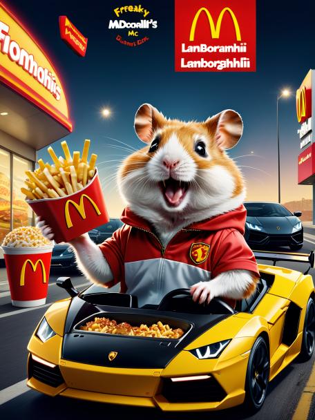 Freaky hamster driving a Lamborghini eating McDonald's