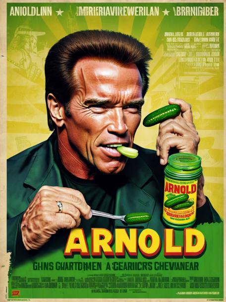 Arnold Schwarzenegger eating a pickle.