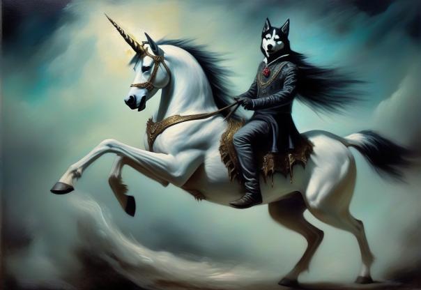 A majestic Siberian husky riding a unicorn.