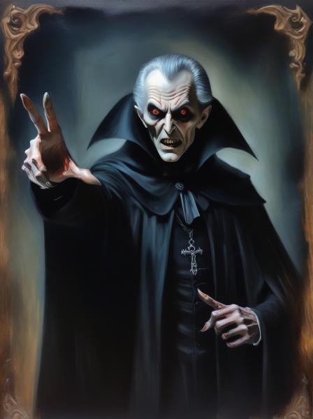 An adult grandfather vampire pointing to the right wearing a black cloak.