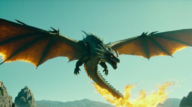 Dragon flying through the air, breathing fire.