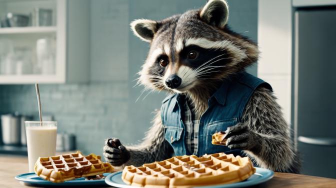 Chuck Norris the raccoon eating waffles