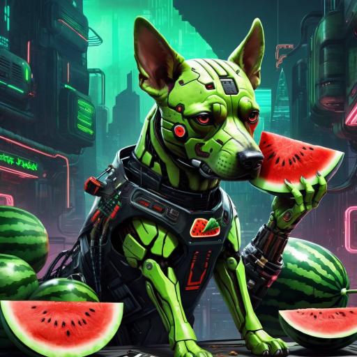 I want a dog eating a watermelon.