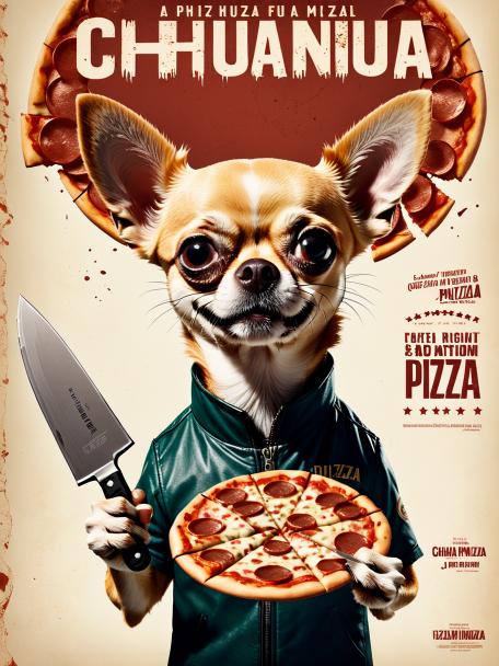 Chihuahua with a knife holding pizza.