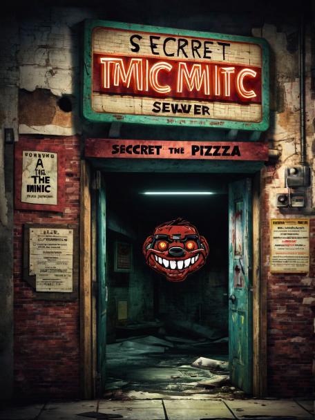 Secret of the Mimic from Five Nights at Freddy's Pizzeria in a run down pizza shop with the Mimic trying to get into a sewer that is run down.