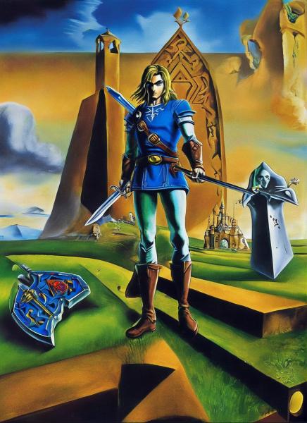 Link, from the Legend of Zelda Ocarina of Time, wielding the Master Sword and the Hylian Shield, standing in Hyrule Field, looking at Hyrule Castle.