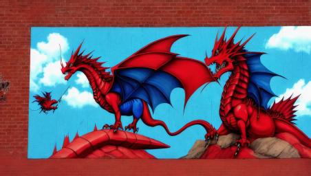 A red dragon and a blue dragon flying together,