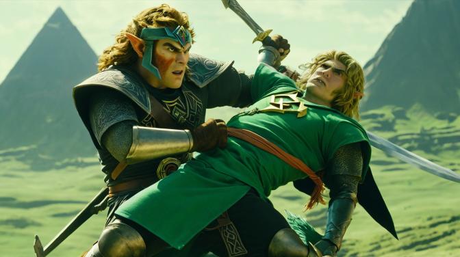 Seth Rogen as Ganondorf fighting Michael Cera as Link in a live-action The Legend of Zelda.