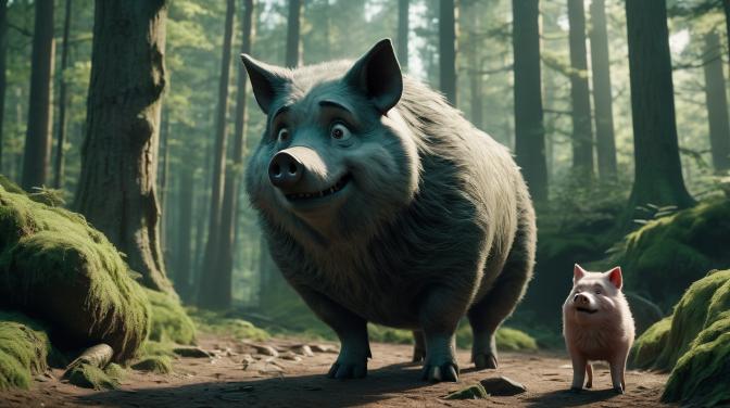 Play pigs with really fat knees and cute faces and a little bit of a belly in the forest with a wolf.