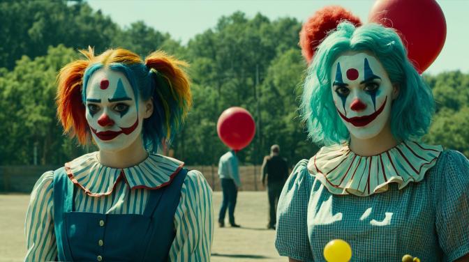 Two girls, one clown.