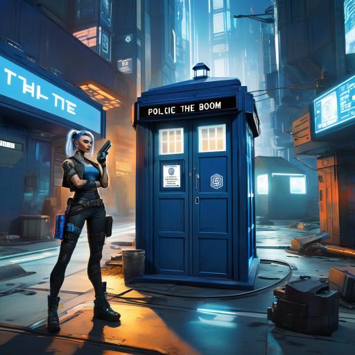 I want a time lady in front of a blue police box pointing a gun at I am the boom.