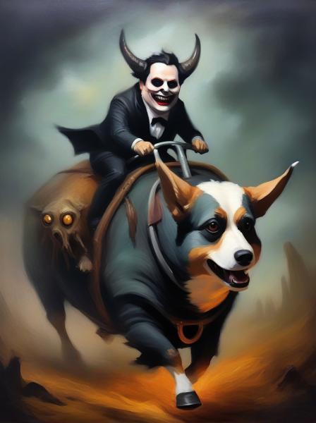 Show me a corgi riding a buffalo.