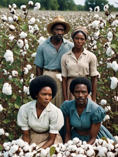 Black people picking cotton.