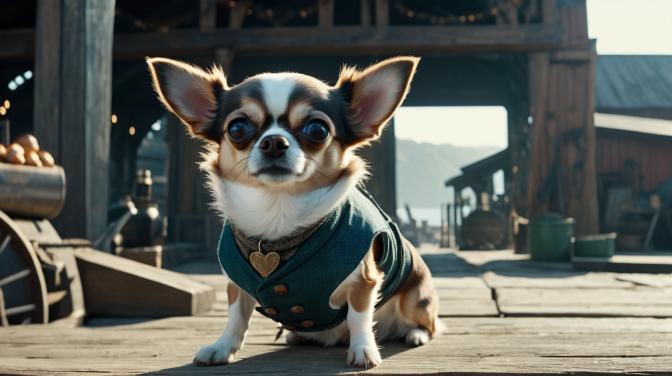 Festive blacksmith's wharf with a chihuahua.