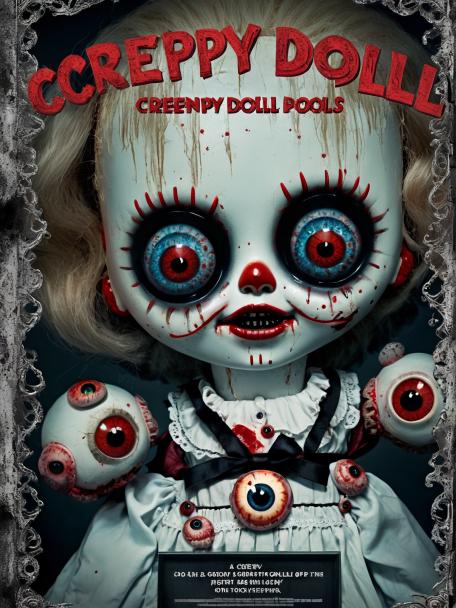 Creepy scary doll with multiple eyeballs.