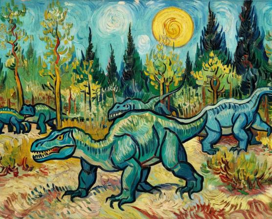 Generate a big forest with dinosaurs.