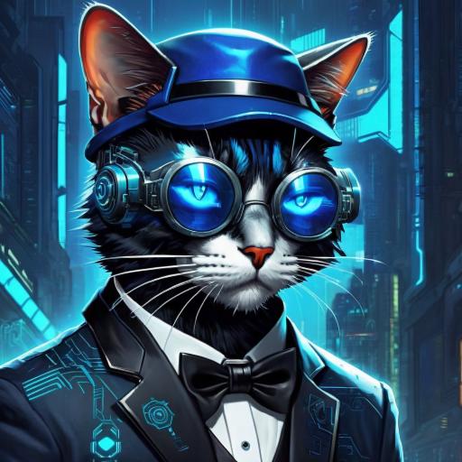 Tuxedo cat, blue hat backwards.