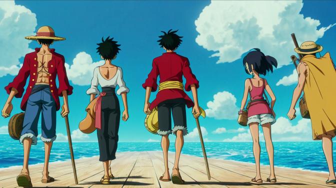 Luffy and his crew traveling the open seas, one piece.