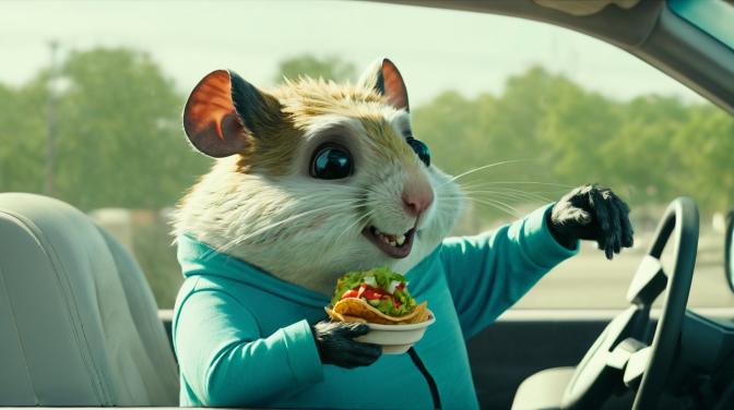 Freaky hamster in a car eating tacos.