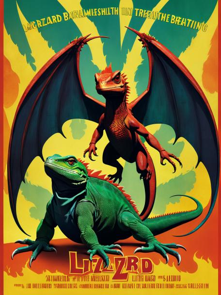 Lizard with wings breathing fire.