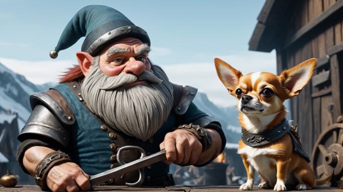 Festive blacksmith dwarf with a chihuahua.