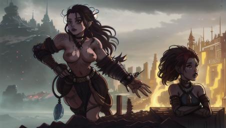 A dwarf girl from the far lands of her kingdom, with a cyberpunk theme,