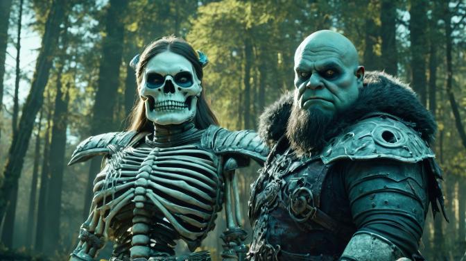 A fat girl as a skeleton, demon, angel, human, dwarf, undead, and orc.
