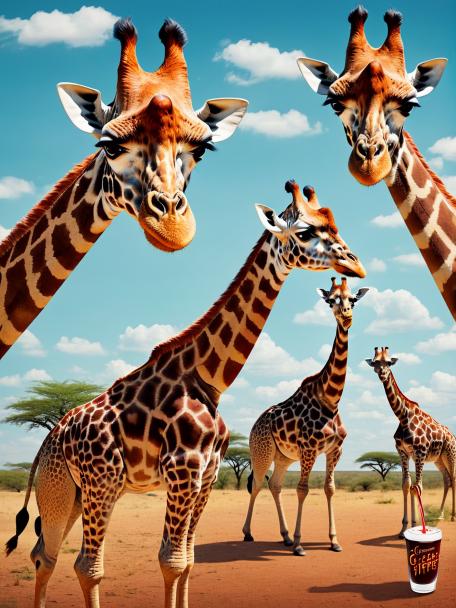 Giraffes drinking Dr. Pepper.