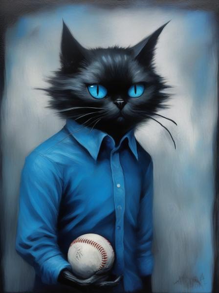 Black and White Cat, Blue Baseball Cat, Backwards, and Blue Shirt.