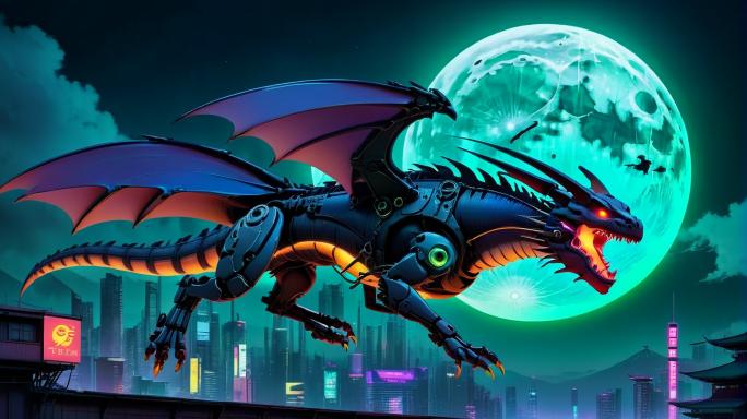 dragon flying past a full moon.