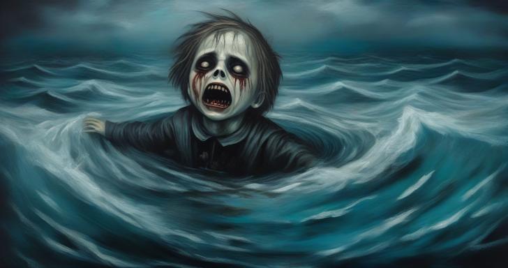 crying child adrift in the ocean.