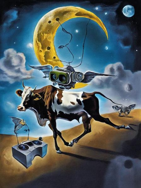 A cow wearing a VR headset while it flies through the moon.