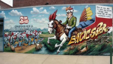 Colonel Sanders riding a chicken on a saddle,