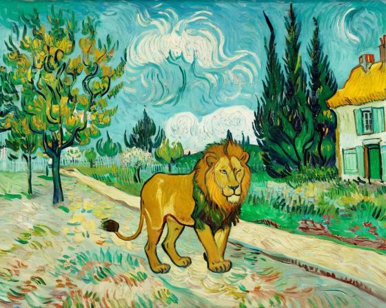 Un lion devant une maison.