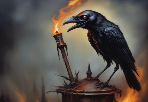 Create image of a skeletal crow sitting on top of a freshly put out torch.