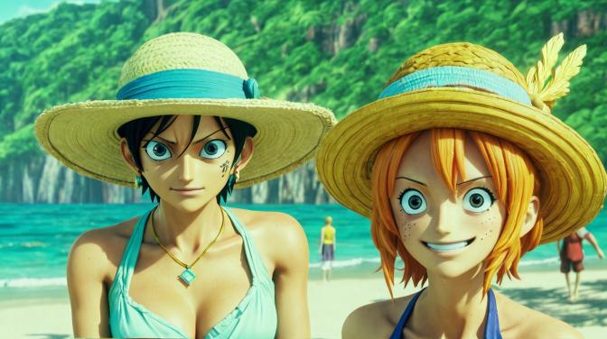 Nami and Robin from One Piece at the beach.